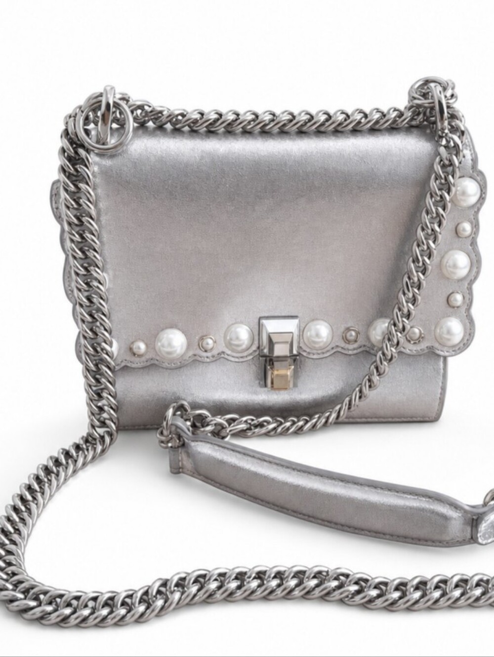 FENDI  Kan I  Metallic Silver Leather. Scallop Studded Trim, Silver Hardware